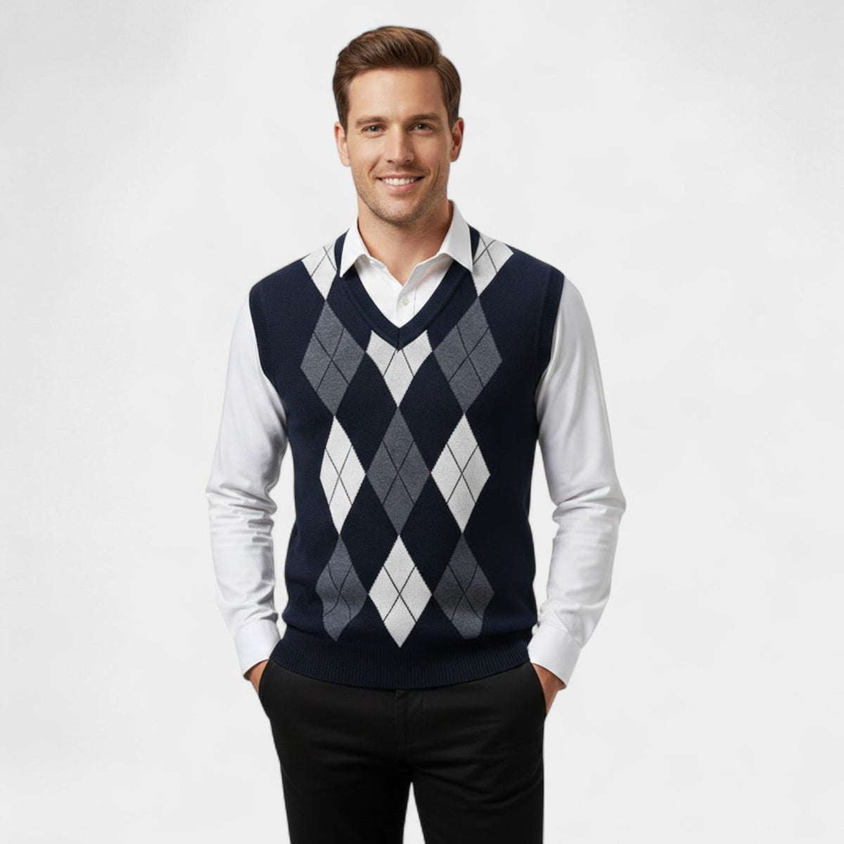 Gilet sans manches homme col v maille à carreaux