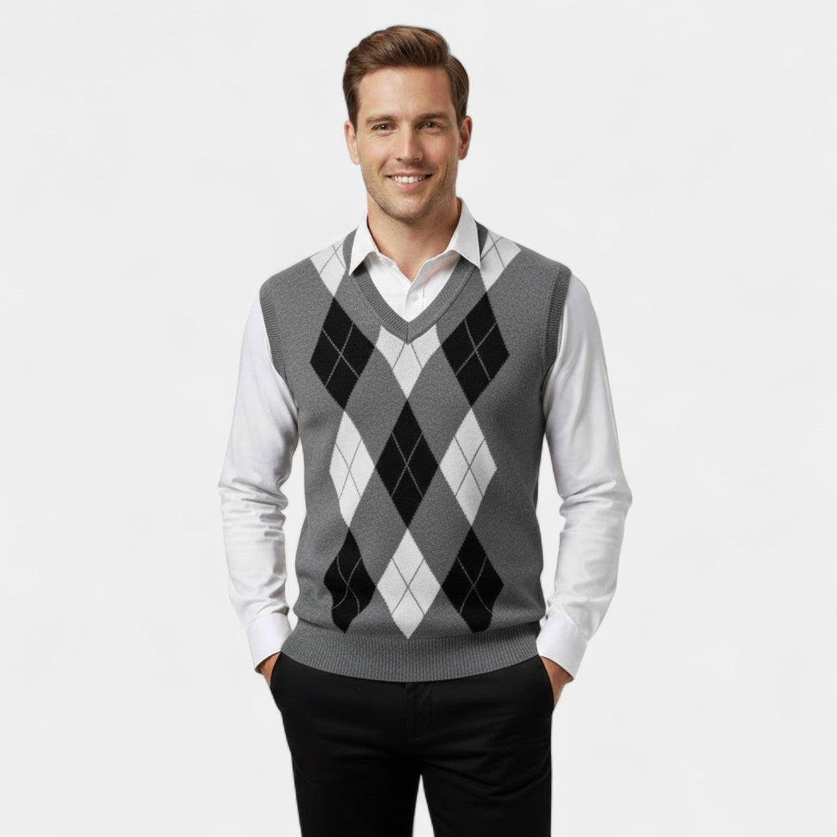 Gilet sans manches homme col v maille à carreaux