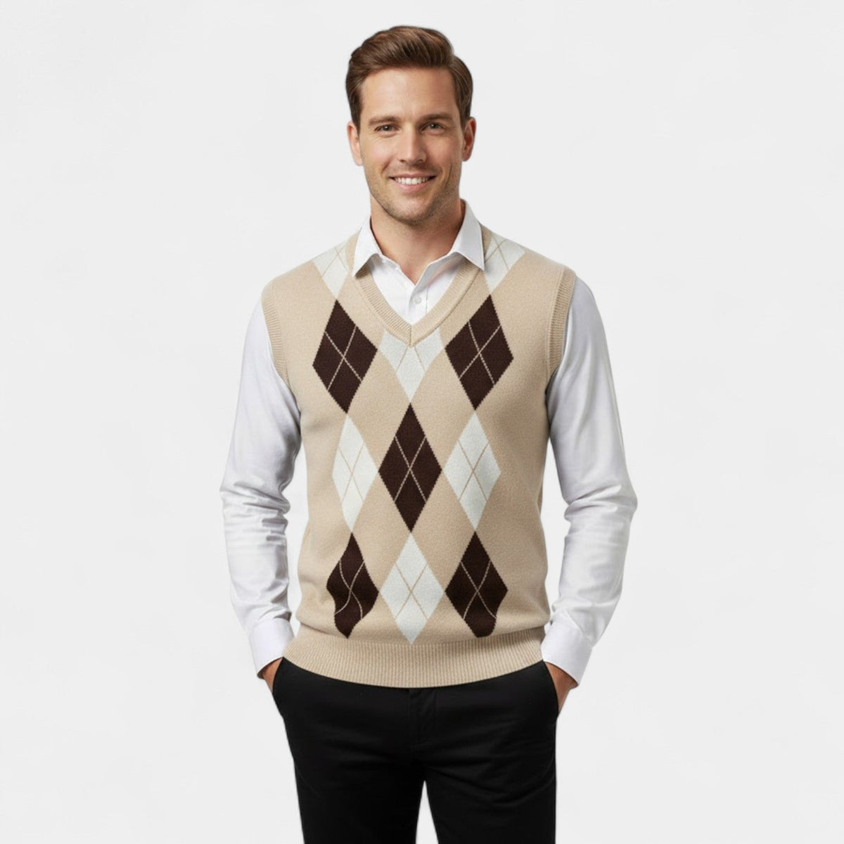 Gilet sans manches homme col v maille à carreaux