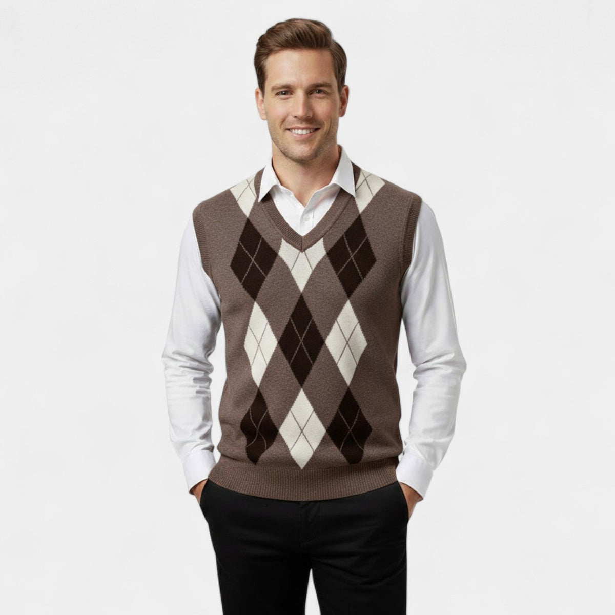 Gilet sans manches homme col v maille à carreaux