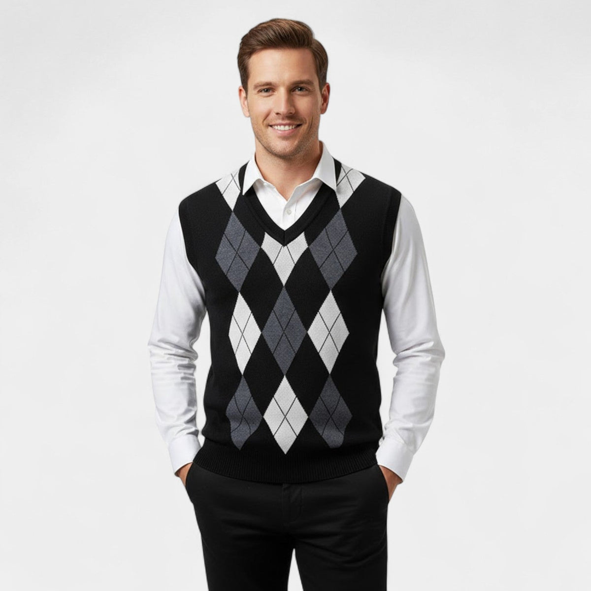 Gilet sans manches homme col v maille à carreaux