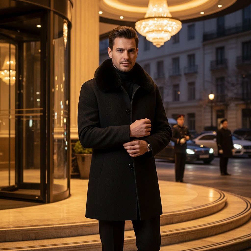 Manteau homme trench laine col fourrure